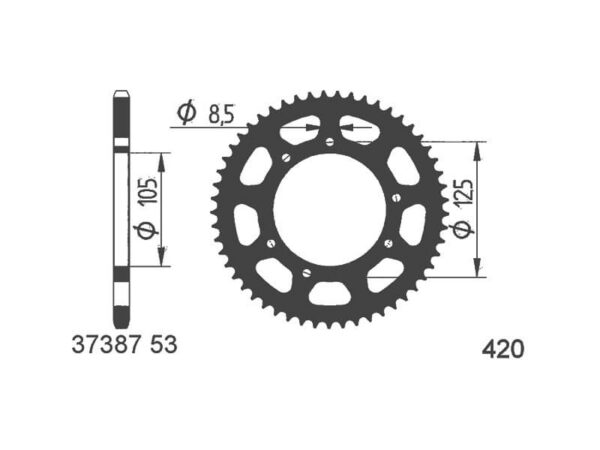 Tagumine hammasratas 420,  53T - Derbi, Aprilia, MH, Rieju, Malaguti, Yamaha ÜLEKANDEOSAD